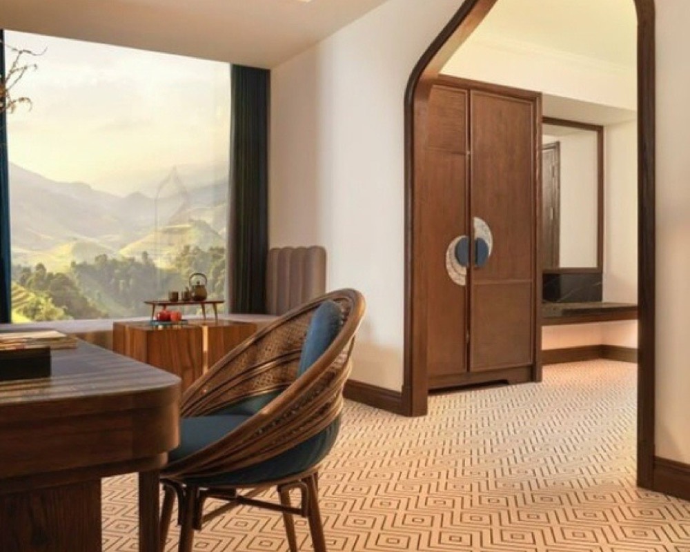 Interior with a geometric patterned tile floor